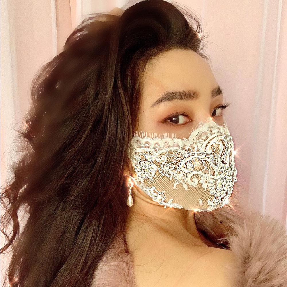 Lace pearl earring beaded cotton reusable mask